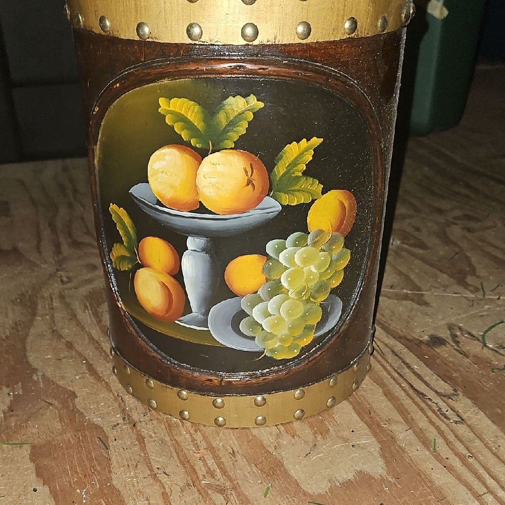 Vintage Fruit Painted Wastebasket